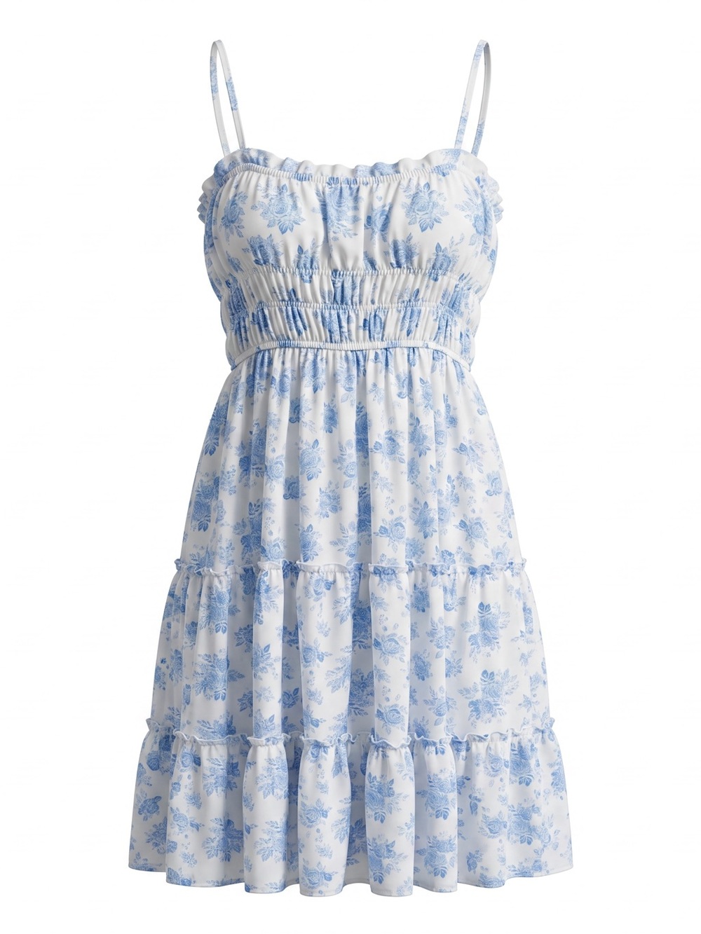 Trixxi Blue and White Floral Smocked Tiered Midi Dress
